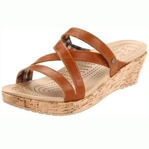 Crocs Strappy Brown Leather Cork Wedge Sandals Size 7 Women’s